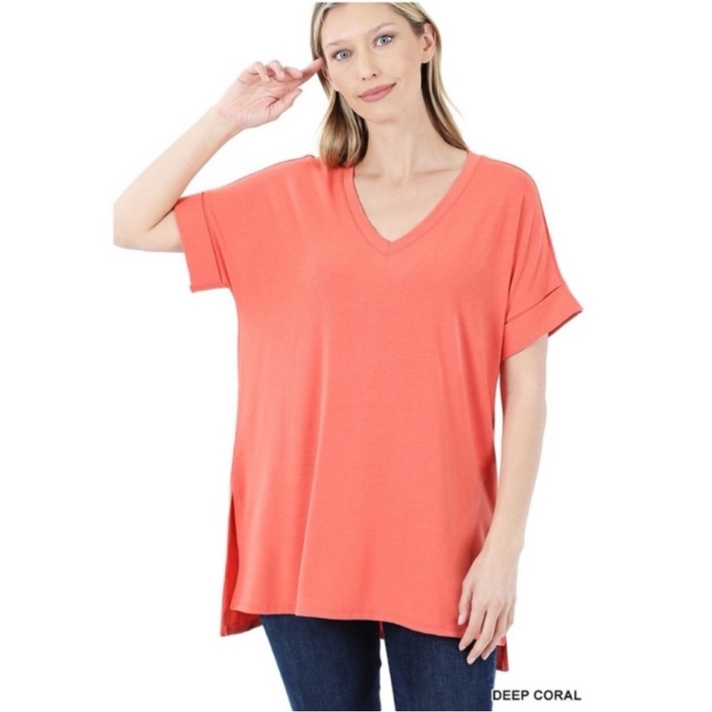 🔥🆕 Deep Coral Rolled Short Sleeved V Neck Top with Side Slit High Low Hem